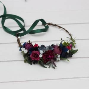 Flower crown in jewel tone color scheme. Hair wreath in navy blue, magenta, fuchsia, purple, and emerald green colors. Flower girl crown. Wedding flowers. 5416