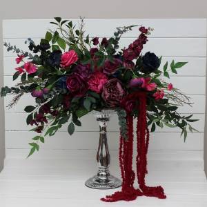 Standing flowers in navy blue, magenta, fuchsia, purple, and emerald green color scheme. Aisle flowers. Wedding decoration for stand. 5416
