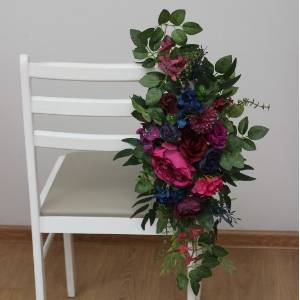 Large aisle flowers in jewel tone color scheme. Chair flowers in navy blue, burgundy, magenta, fuchsia, purple, and emerald green colors. Sign flowers. Marker flowers. Wedding flowers. Flowers for wedding decor. 5416
