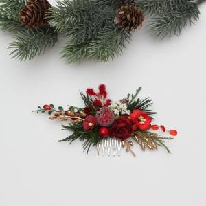 Flower comb in  red, burgundy, gold and green  color scheme. Christmas wedding accessories for hair. Bridal flower comb. Bridesmaid floral comb with berries. 5426