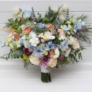 Pastel wildflower bridal bouquet. Faux wedding flowers in dusty blue, peach, lilac and cream. 5428