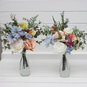 Simple wedding table flowers . Wildflowers mini bouquets for vases in  dusty blue, peach, lilac and cream color scheme. Flowers for wedding decor. Table flowers. Centerpiece. 5428