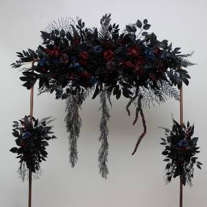 Gohic wedding arrangement for alternative wedding.  Arbor flowers in burgundy black blue purple colors. Helloween floral archway. Faux flowers for wedding arch. 5429  Gohic wedding arrangement for alternative wedding.  Arbor flowers in burgundy black blue purple colors. Helloween floral archway. Faux flowers for wedding arch. 5429