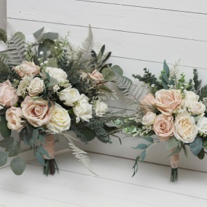 Wedding bouquets in beige white blush pink colors. Bridal bouquet. Faux bouquet. Bridesmaid bouquet. 0028