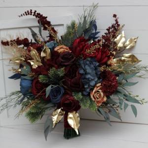 Wedding bouquets in burgundy navy blue gold colors. Bridal bouquet. Cascading bouquet. Faux bouquet. Bridesmaid bouquet. 0031