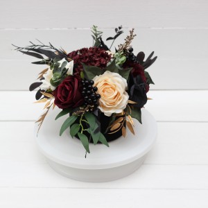 Burgundy black gold ivory centerpiece. Table decor. Wedding flowers in box. 0032