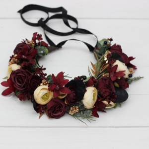 Burgundy black gold ivory  flower crown. Hair wreath. Flower girl crown. Wedding flowers. 0032