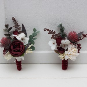  Wedding boutonnieres and wrist corsage  in burgundy ivory color theme. Flower accessories. 0040