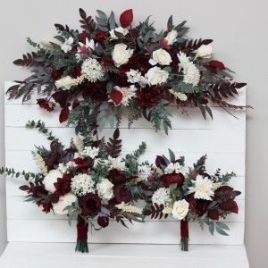 Wedding bouquets in burgundy ivory colors. Bridal bouquet. Cascading bouquet. Faux bouquet. Bridesmaid bouquet. 0040