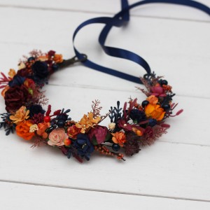 Orange burgundy navy blue  flower crown. Hair wreath. Flower girl crown. Wedding flowers. 0045