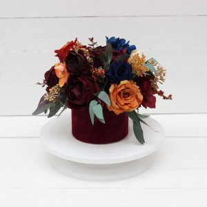 Rust orange burgundy navy blue centerpiece. Table decor. Wedding flowers in box. 0043