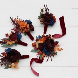  Wedding boutonnieres and wrist corsage  in rust orange burgundy navy blue color theme. Flower accessories. 0043
