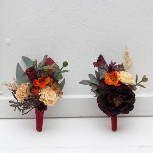  Wedding boutonnieres and wrist corsage  in rust burgundy cinnamon color theme. Flower accessories. 0044