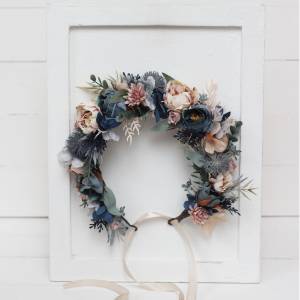 Dusty blue beige flower crown. Hair wreath. Flower girl crown. Wedding flowers. 0506