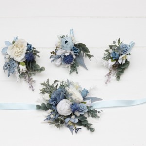  Wedding boutonnieres and wrist corsage  in dusty blue white color theme. Flower accessories. 0508