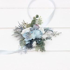  Wedding  wrist corsage  in dusty blue white color theme. Flower accessories. 0508