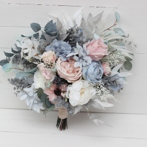 Wedding bouquets in Dusty blue blush pink white colors. Bridal bouquet. Cascading bouquet. Faux bouquet. Bridesmaid bouquet. 0509
