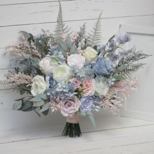 Wedding bouquets in dusty blue blush pink white colors. Bridal bouquet. Cascading bouquet. Faux bouquet. Bridesmaid bouquet. 0509-1