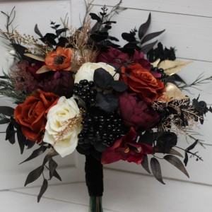 Halloween wedding bouquets in purple black rust gold colors. Bridal bouquet. Cascading bouquet. Faux bouquet. Bridesmaid bouquet.Gothic black wedding bouquet. 5014