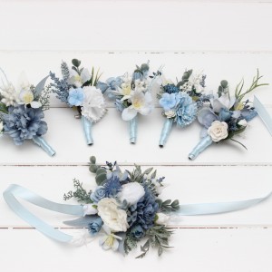  Wedding boutonnieres  in dusty blue white color scheme. Flower accessories. 5251