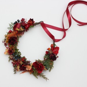 Woodland flower crown in red, blue, and orange. Hair wreath for photoshoots and events. Flower girl crown. Fall wedding flowers. 5372