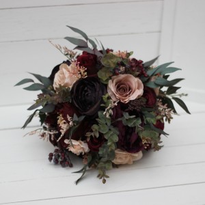 Wedding bouquets in purple burgundy beige colors. with black ribbon. Bridal bouquet. Cascading bouquet. Faux bouquet. Bridesmaid bouquet.Gothic black wedding bouquet. 5016
