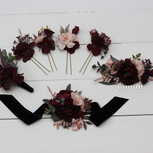  Wedding boutonniere and wrist corsage  in purple burgundy beige black color scheme. Flower accessories. 5016