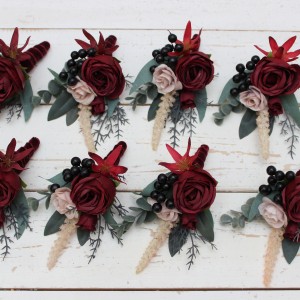  Wedding boutonnieres and wrist corsage  in burgundy beige color scheme. Flower accessories. 5018