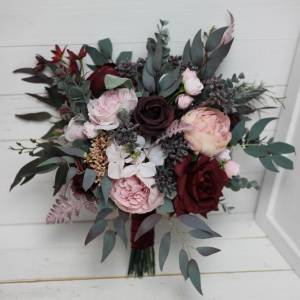 Wedding bouquets in burgundy dusty pink colors. Bridal bouquet. Cascading bouquet. Faux bouquet. Bridesmaid bouquet. 5019