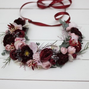 Burgundy dusty pink  flower crown. Hair wreath. Flower girl crown. Wedding flowers. 5019