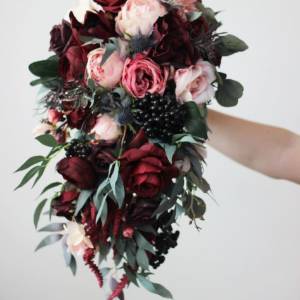 Wedding bouquets in burgundy black pink colors. Bridal bouquet. Cascading bouquet. Faux bouquet. Bridesmaid bouquet. 5020