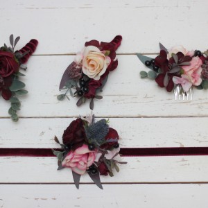  Wedding boutonnieres and wrist corsage  in burgundy black pink color scheme. Flower accessories. 5020