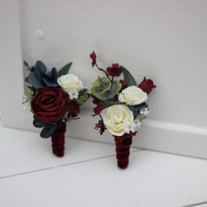  Wedding boutonniere and wrist corsage  in burgundy navy blue white color scheme. Flower accessories. 5024