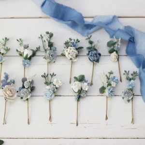  Set of hair pins in dusty blue white color scheme. Hair accessories. Flower accessories for wedding.  5031