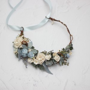 Dusty blue white  flower crown. Hair wreath. Flower girl crown. Wedding flowers.5031