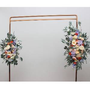 Pastel arch flowers.  Wildflowers wedding arrangement. Colorful floral archway. Peach orange dusty blue ivory lilac wedding. Faux flowers for arbor.  5364