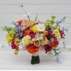 Bright orange magenta pink yellow blue bridal bouquet. Summer wedding. Wildflower faux bouquet. 5401
