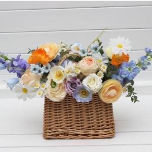 Bridesmaid basket with peach orange dusty blue ivory lilac flowers for farmer or garden wedding. Colorful wildflowers. Daisy poppy alternative bouquet. 5364