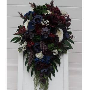 Purple ivory emerald burgundy navy blue bridal bouquet. Cascading artificial flower bouquet in dark and dramatic wedding colors. 5407