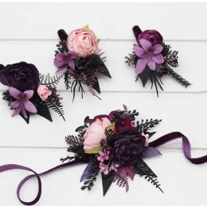  Wedding boutonnieres and wrist corsage  in purple fuchsia candy pink and black color scheme. Flower accessories. 5228