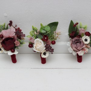  Wedding boutonnieres and wrist corsage  in burgundy dusty rose cream color scheme. Flower accessories. 5037