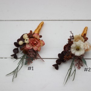 Wedding boutonnieres and wrist corsage  in terracotta rust peach color scheme. Flower accessories. 5040
