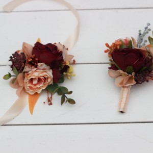  Wedding boutonnieres and wrist corsage  in burgundy orange color scheme. Flower accessories. 5042