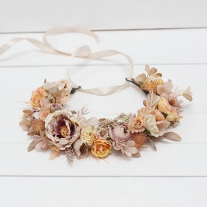  Beige pale orange flower crown. Hair wreath. Flower girl crown. Wedding flowers. 5045
