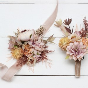  Wedding boutonnieres and wrist corsage  in beige pale orange color scheme. Flower accessories. 5045