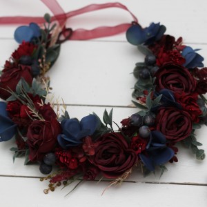 Burgundy navy blue flower crown. Hair wreath. Flower girl crown. Wedding flowers. 5047