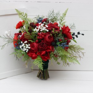 Wedding bouquet in red colors with berries. Bridal bouquet.  Faux bouquet. Bridesmaid bouquet. 5050
