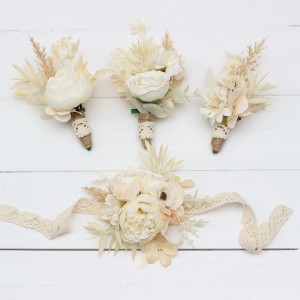  Wedding boutonnieres and wrist corsage  in champagne ivory cream color scheme. Flower accessories. 5206