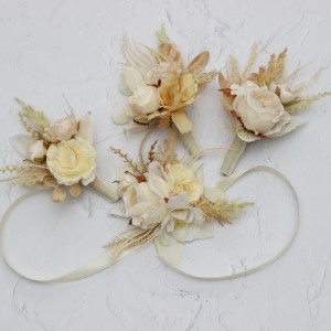  Wedding boutonnieres and wrist corsage  in champagne ivory cream color scheme. Flower accessories. 5049-2