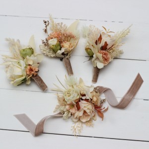  Wedding boutonnieres and wrist corsage  in ivory cream sand  color scheme. Flower accessories. 5049-3